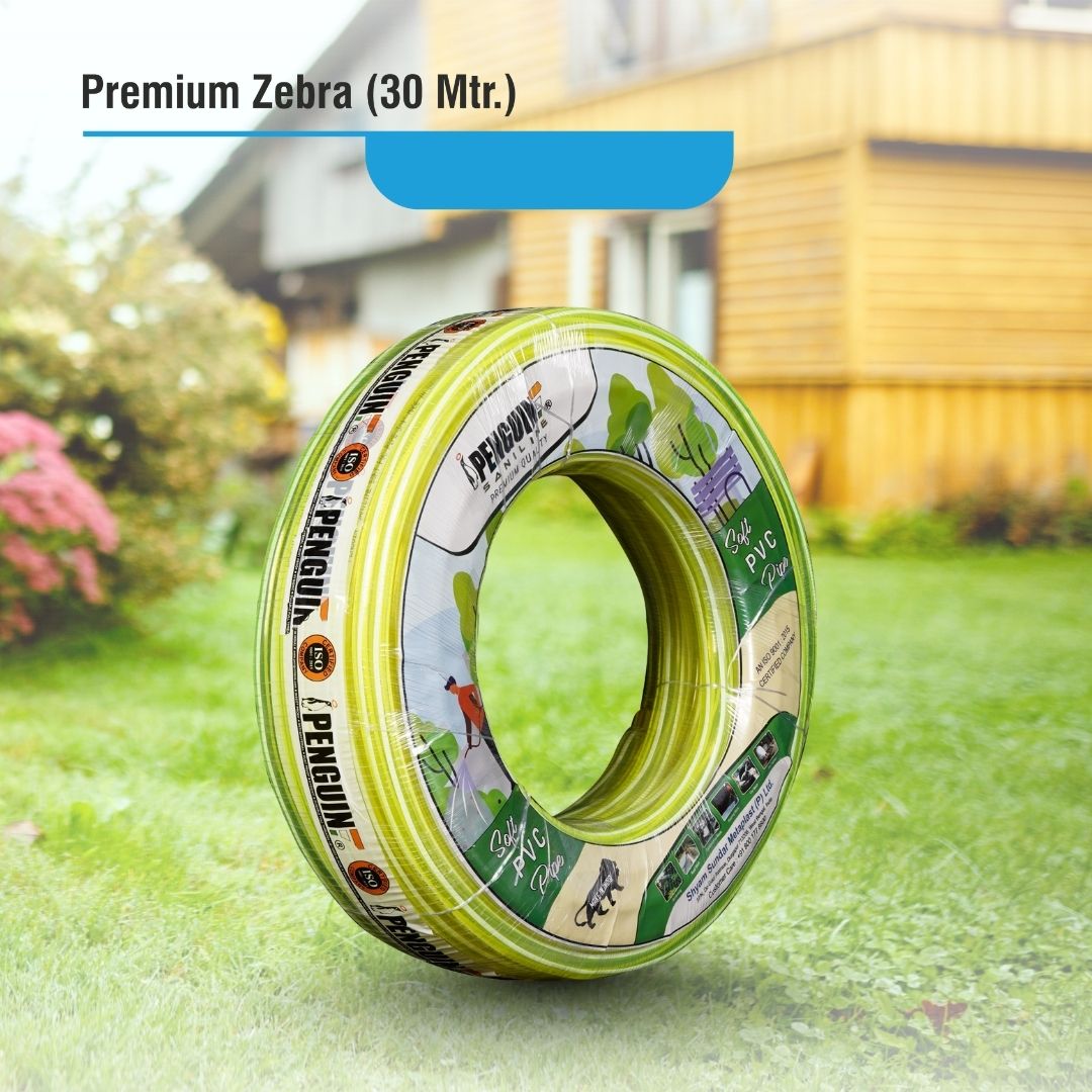 Inflatable pool tube with zebra graphics labeled 'Premium Zebra (30 Mtr.)' resting on a grassy backyard outdoor scene.