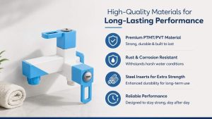 Promotional banner showing white and blue plumbing valve components with towels, highlighting long-lasting performance and benefits: premium materials, rust resistance, steel inserts, and reliable performance.