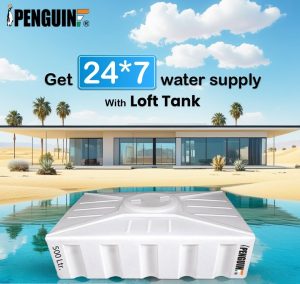 Ad for Loft Tank promoting 24/7 water supply, showing a white Loft Tank in front of a modern poolside house.