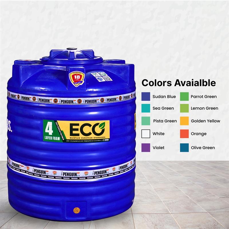 Blue water storage tank with ECO label, showing color options legend on the right (Colors Available).