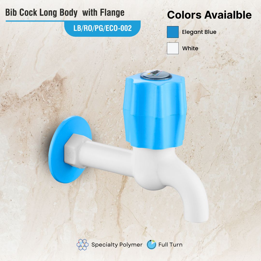 Wall-mounted bibcock with a long white spout and blue handle; blue flange on beige marble wall. Text shows colors available: Elegant Blue and White.