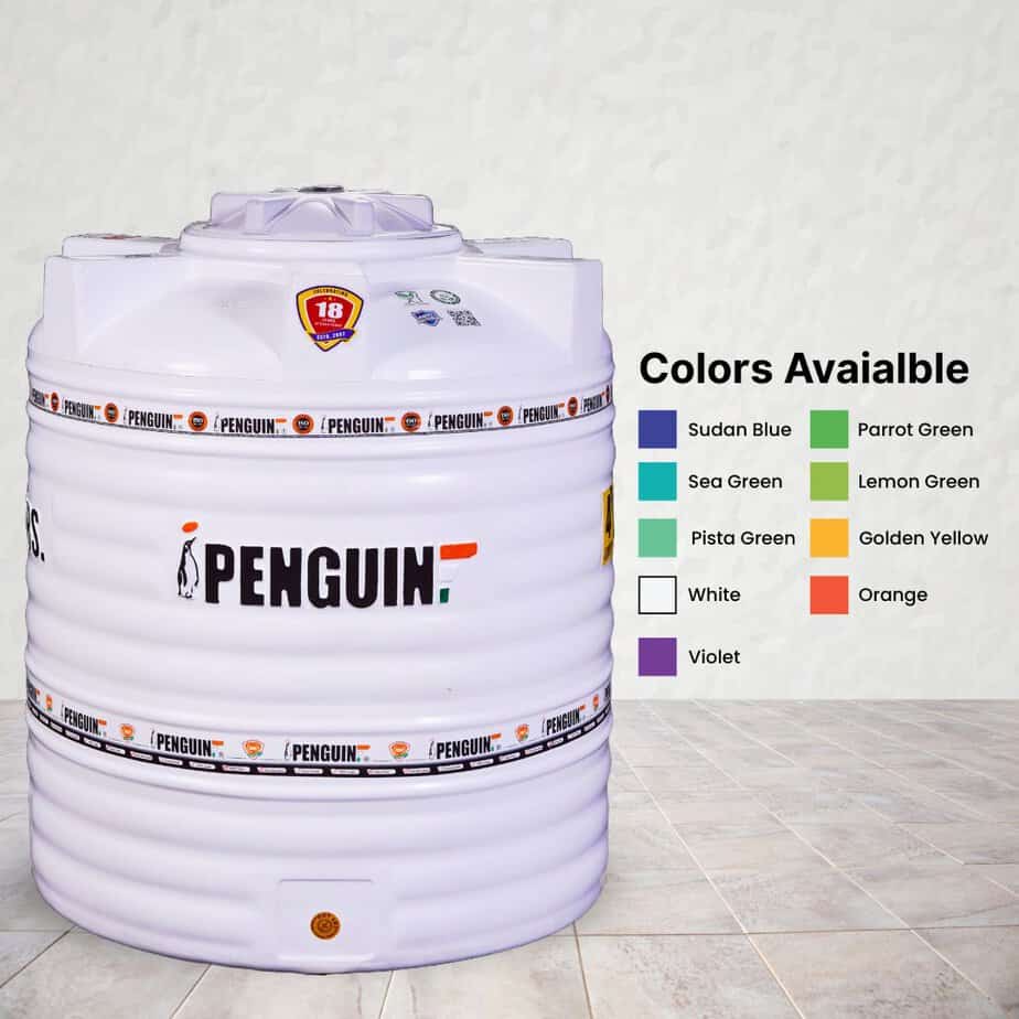 Large white water storage tank with Penguin branding sits on a tiled floor; to its right is a 'Colors Available' legend listing color swatches (Sudan Blue, Parrot Green, Sea Green, Lemon Green, Pista Green, Golden Yellow, White, Orange, Violet).